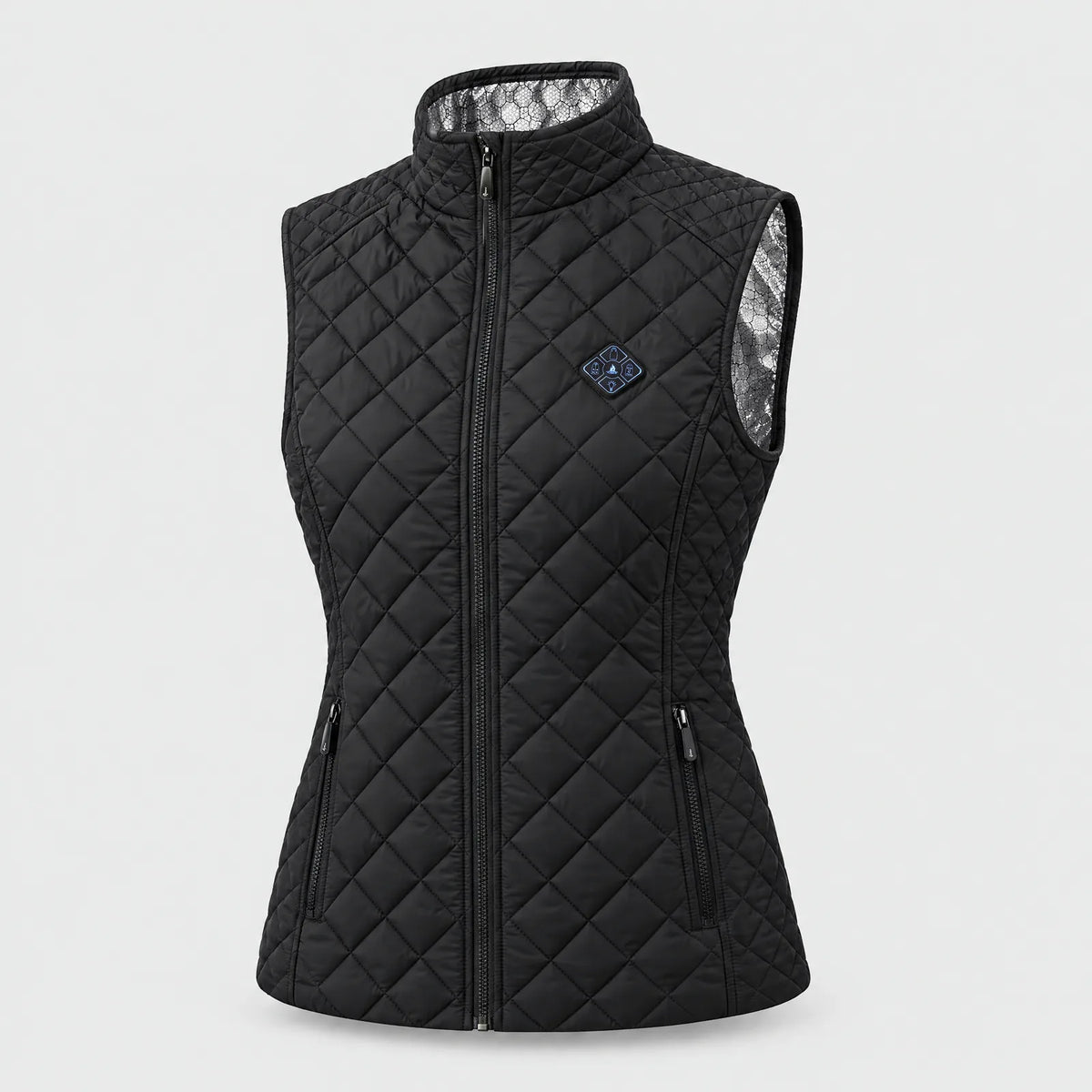 Women's heated quilted vest in black with stand-up collar and diamond quilting