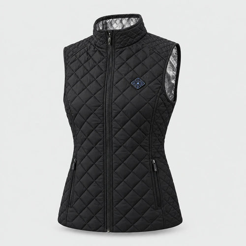 Women's heated quilted vest in black with stand-up collar and diamond quilting