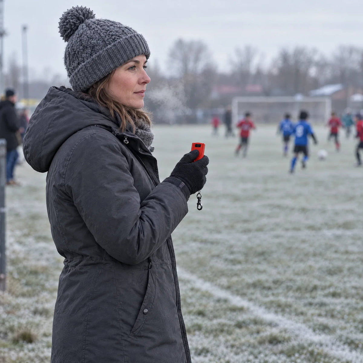 Woman at a frosty sideline turning up her heated insoles with the remote