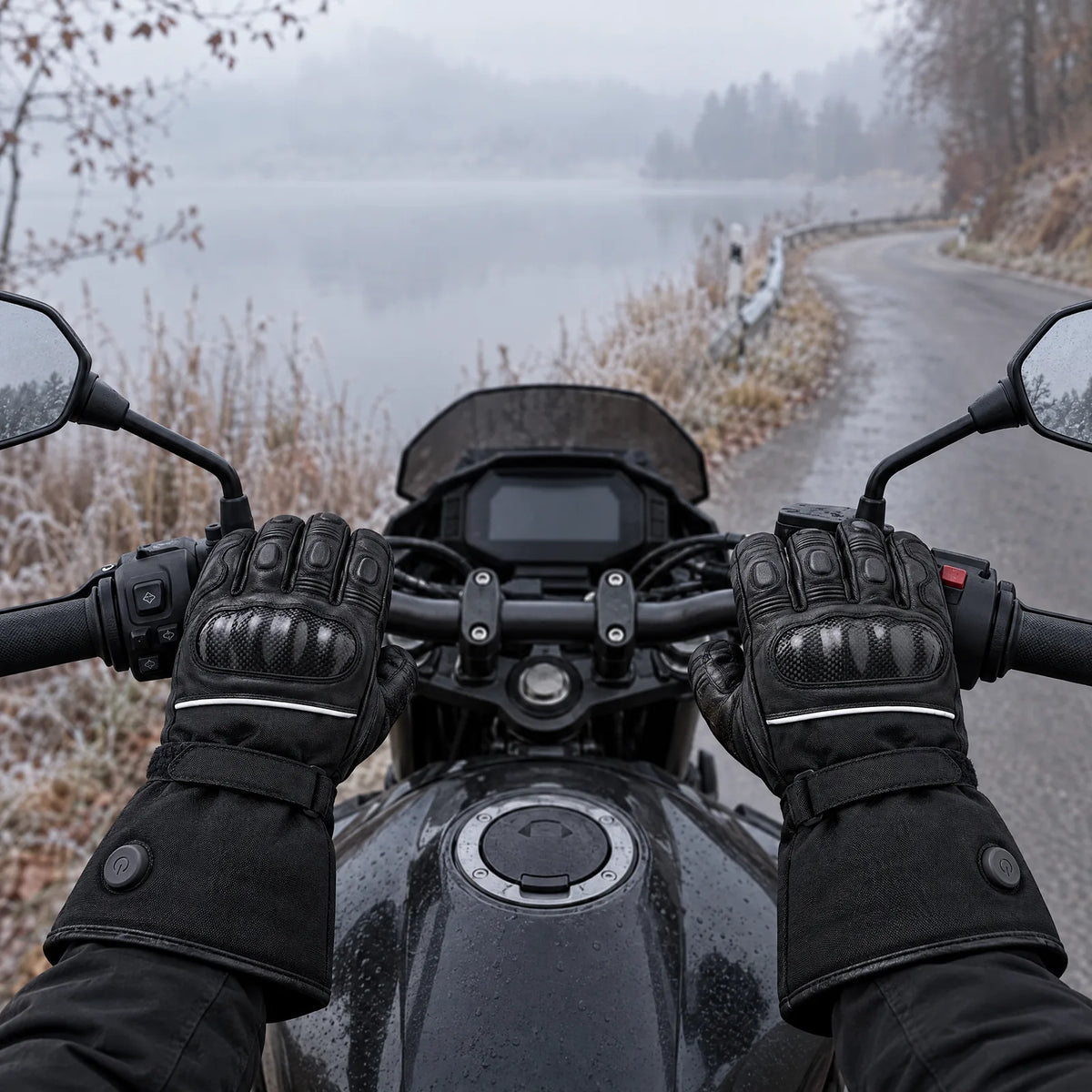 Hands in the heated motorcycle gloves on the handlebars, lakeside road in autumn fog