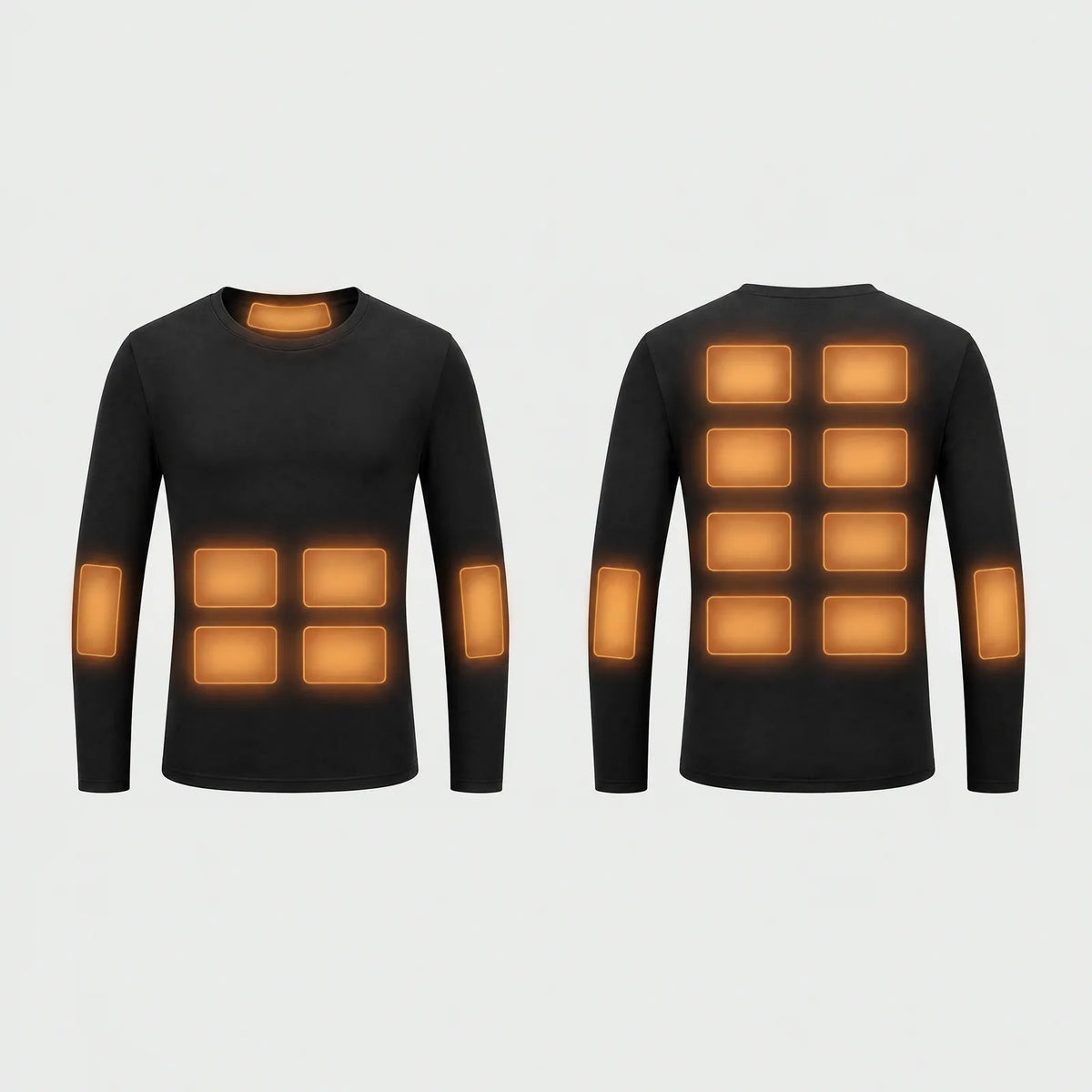 Heating panels of the base layer top at collar, belly, forearms and back