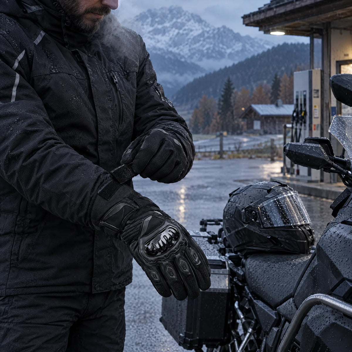 Rider pulling the gauntlet over the sleeve at a fuel station