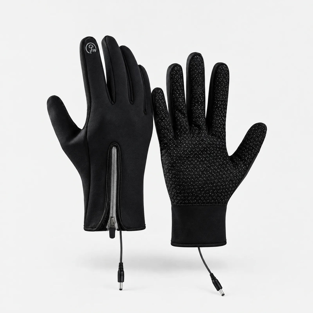 Alpenwarm heated touchscreen gloves as a pair: back with zip and palm with silicone grip
