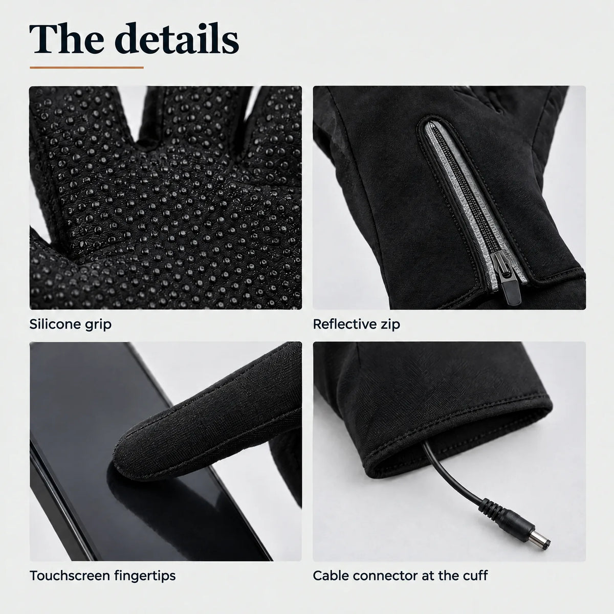 The details: silicone grip, reflective zip, touchscreen fingertips and cable connector at the cuff