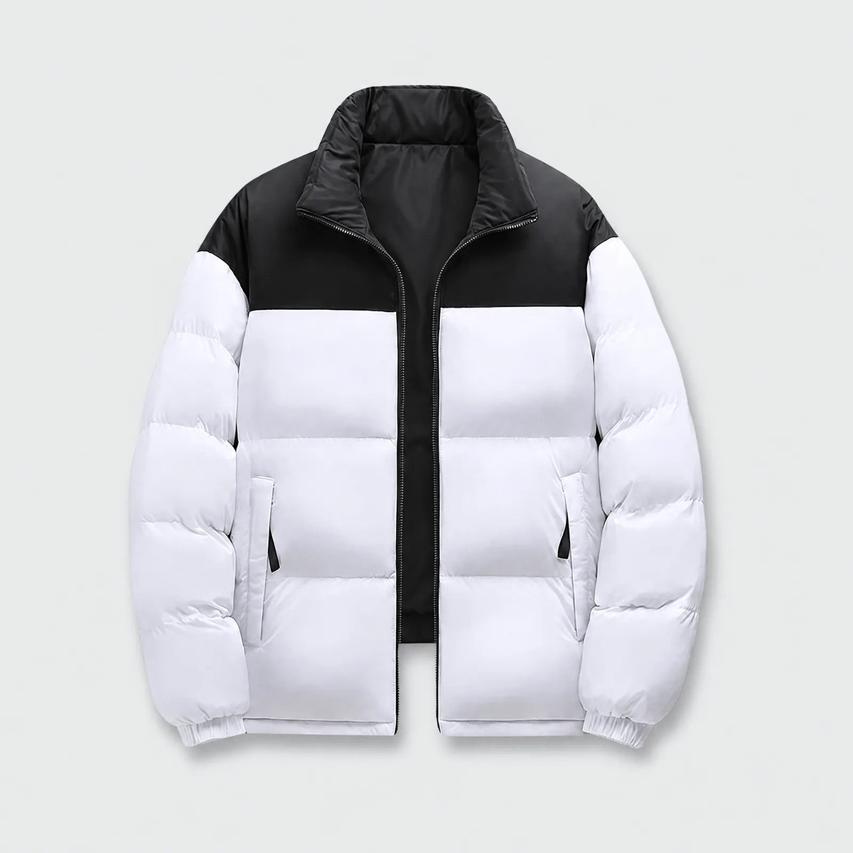 Alpenwarm heated puffer jacket in white with black shoulder panel