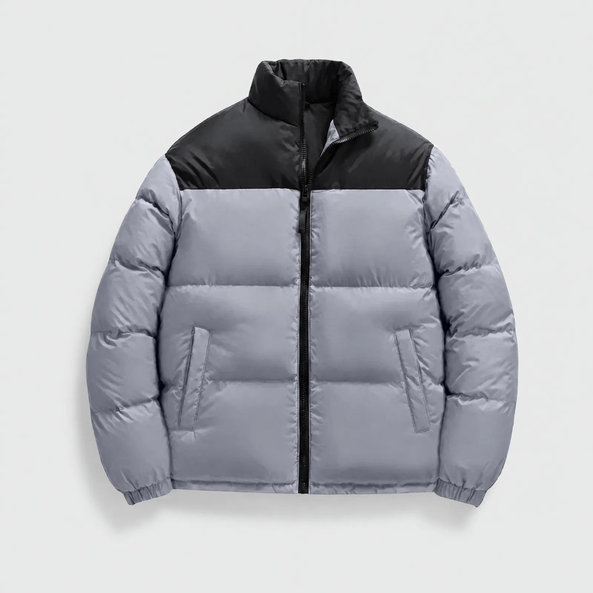 Alpenwarm heated puffer jacket in gray with black shoulder panel