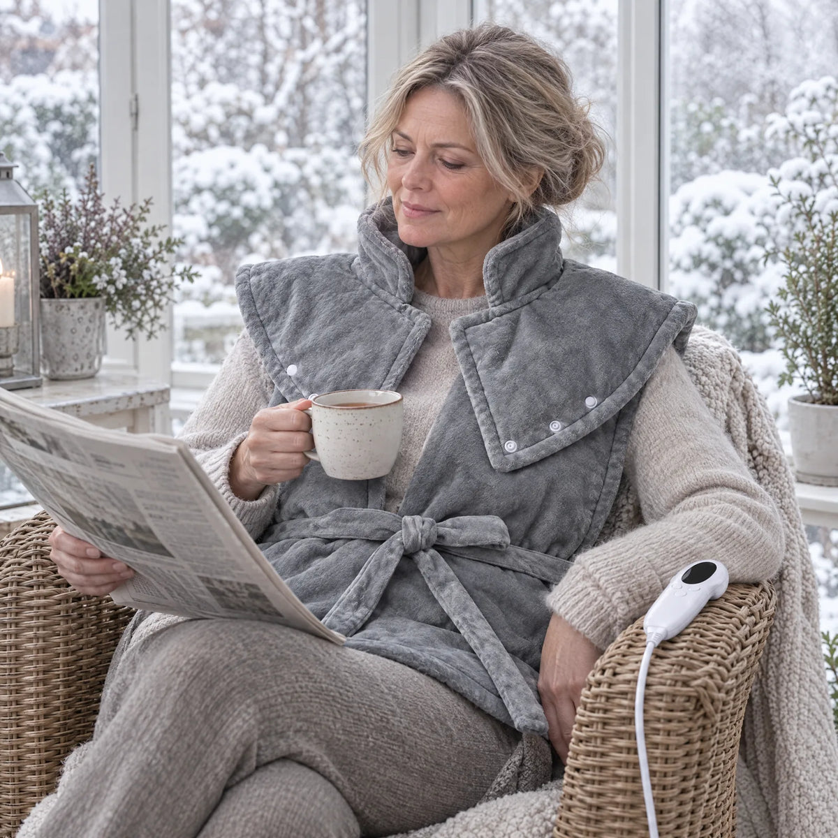 Woman in a conservatory with the heated wrap over her shoulders
