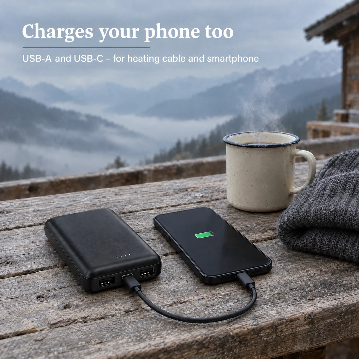 The power bank charging a phone on a mountain hut table, USB-A and USB-C