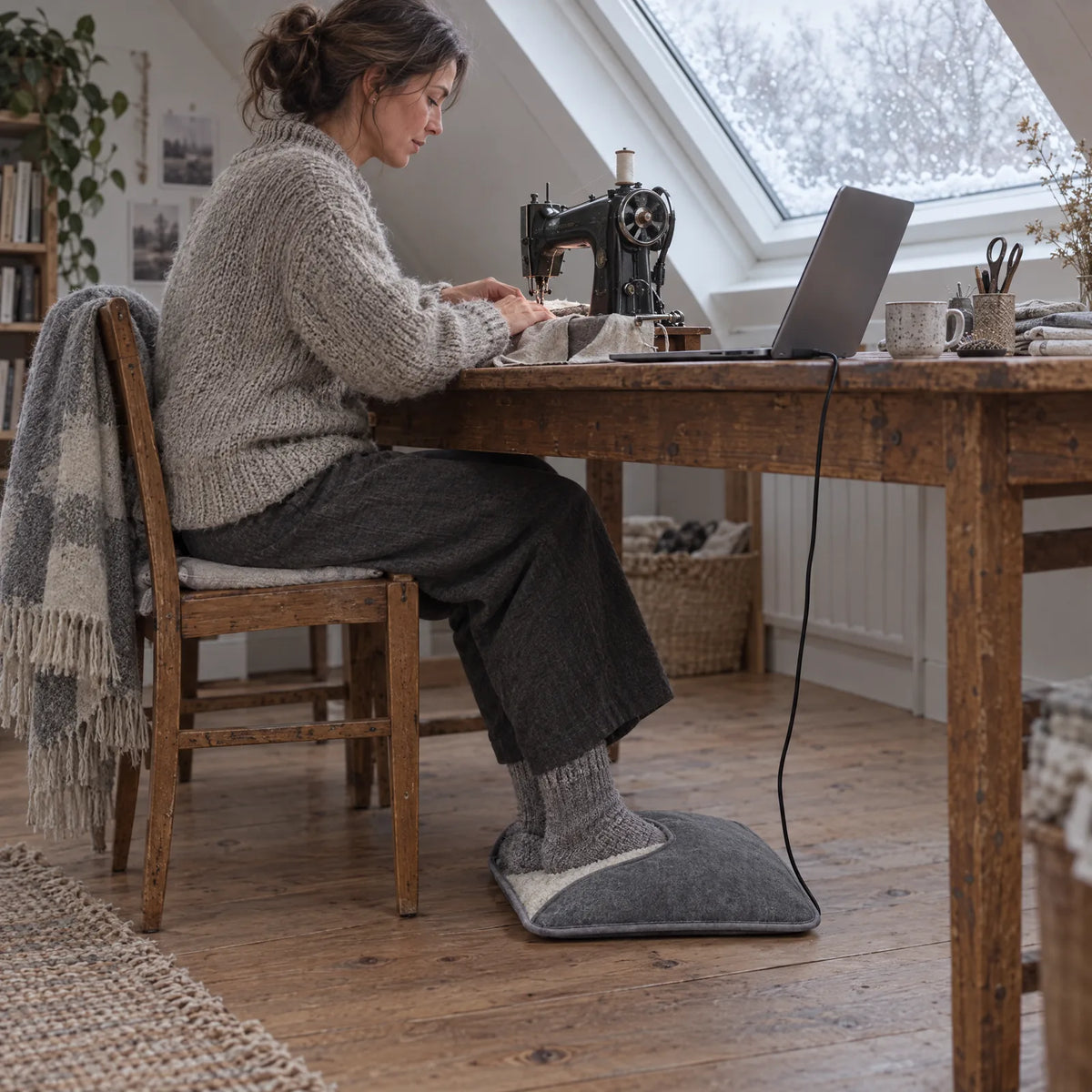Feet in the foot warmer under the sewing table, cable to the laptop