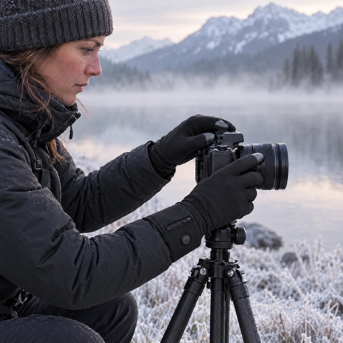 Photographer adjusting her camera at a mountain lake in the heated liner gloves