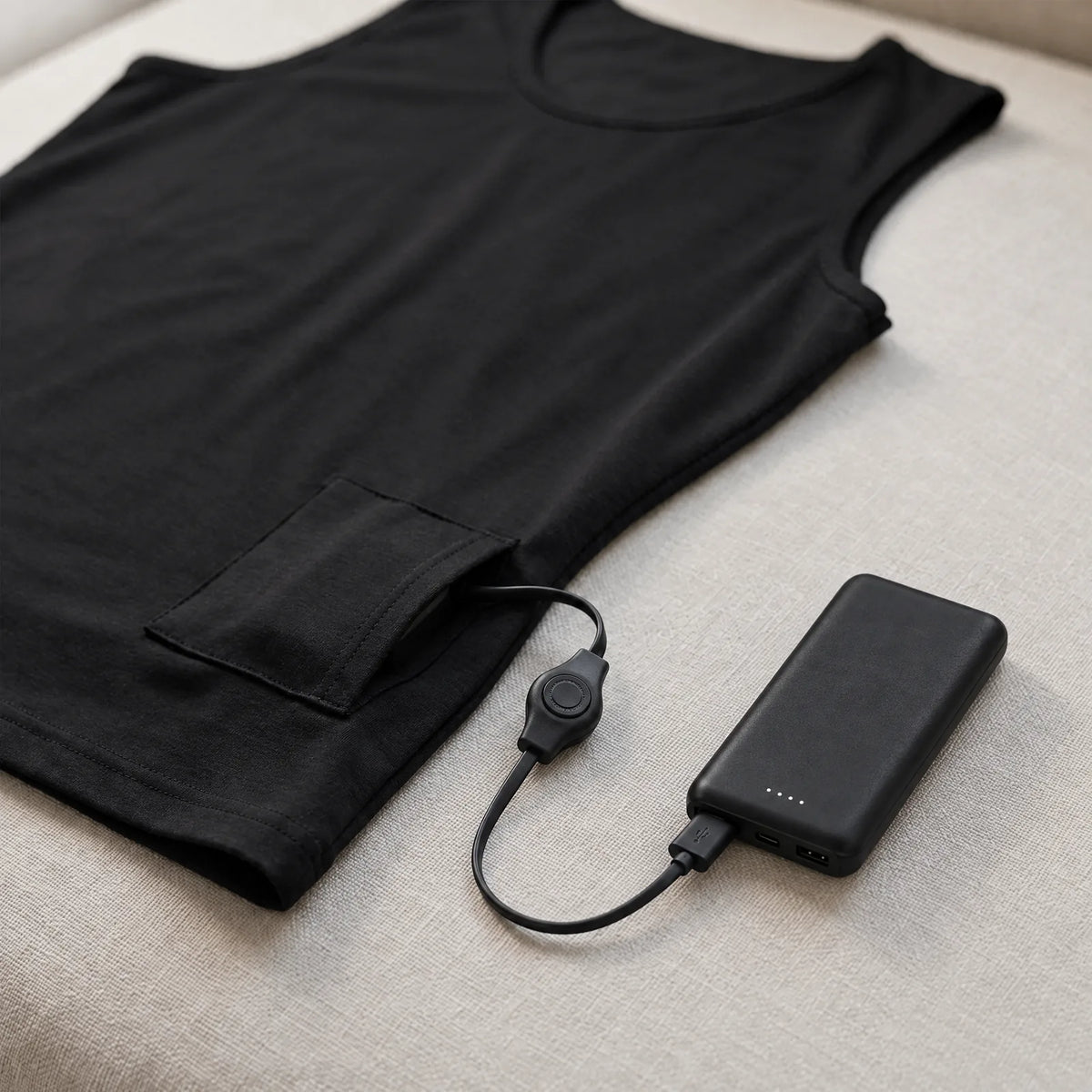 Pocket at the hem with cable, switch and power bank