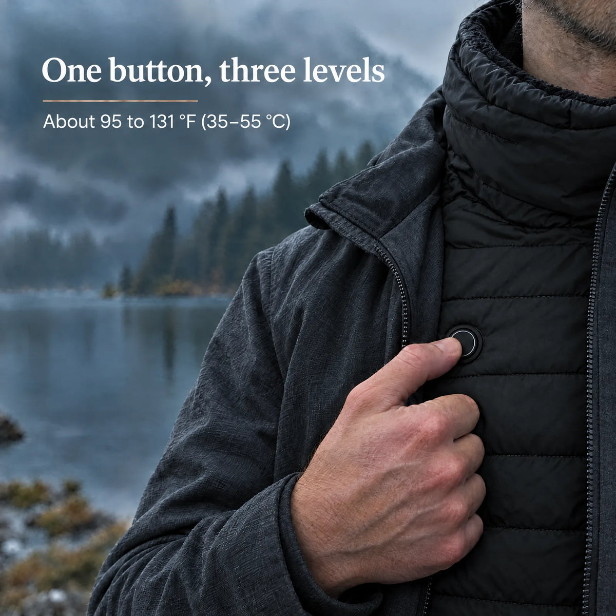 Thumb pressing the round chest button – three levels, about 95 to 131 °F (35–55 °C)