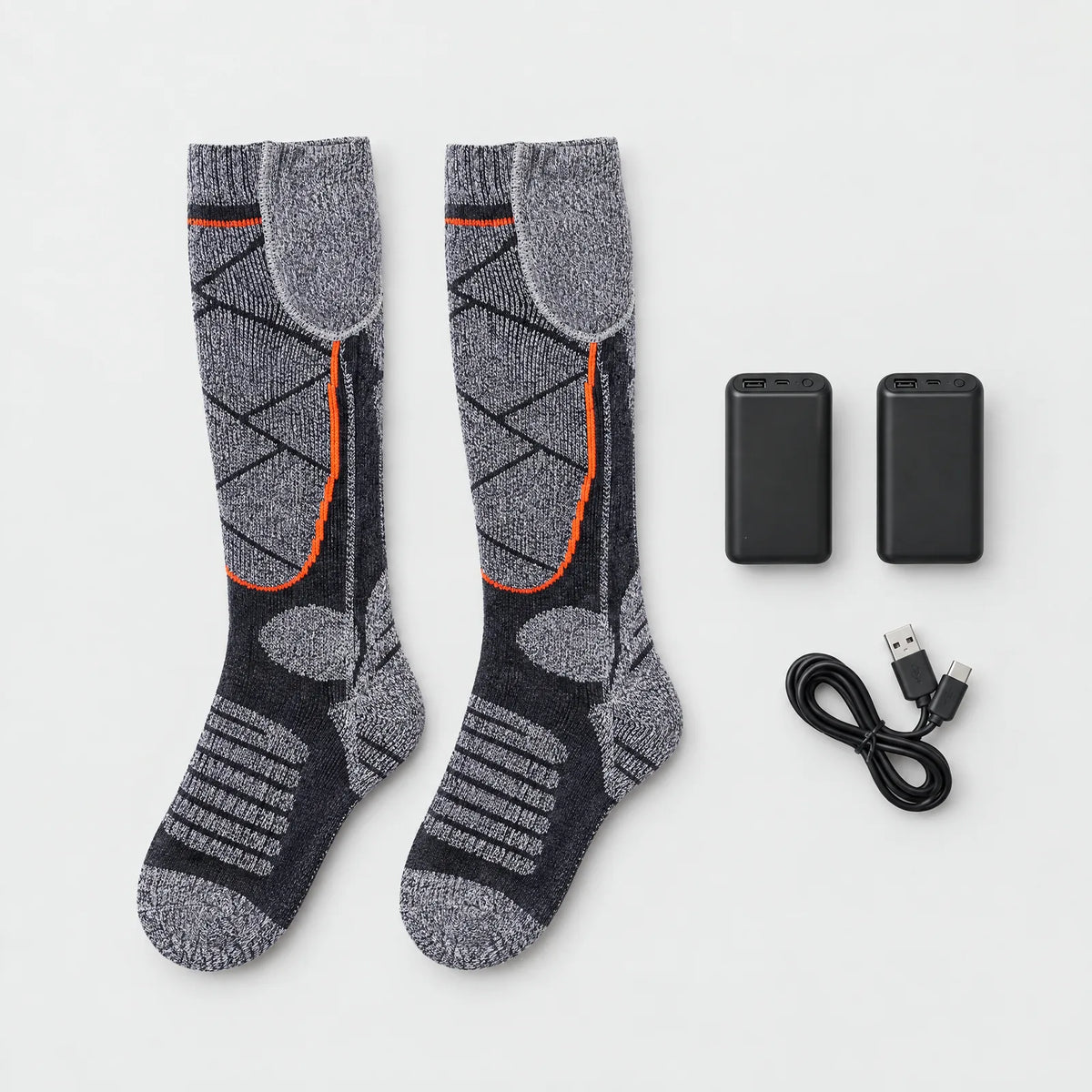 Heated socks with two batteries and charging cable