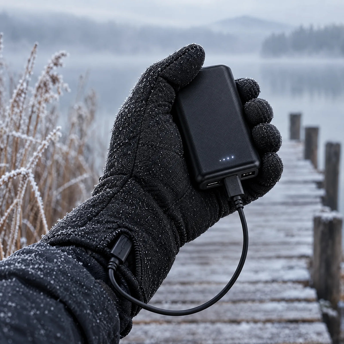 Hand im beheizten Handschuh hält die angeschlossene Powerbank, dahinter ein Steg im Morgennebel
